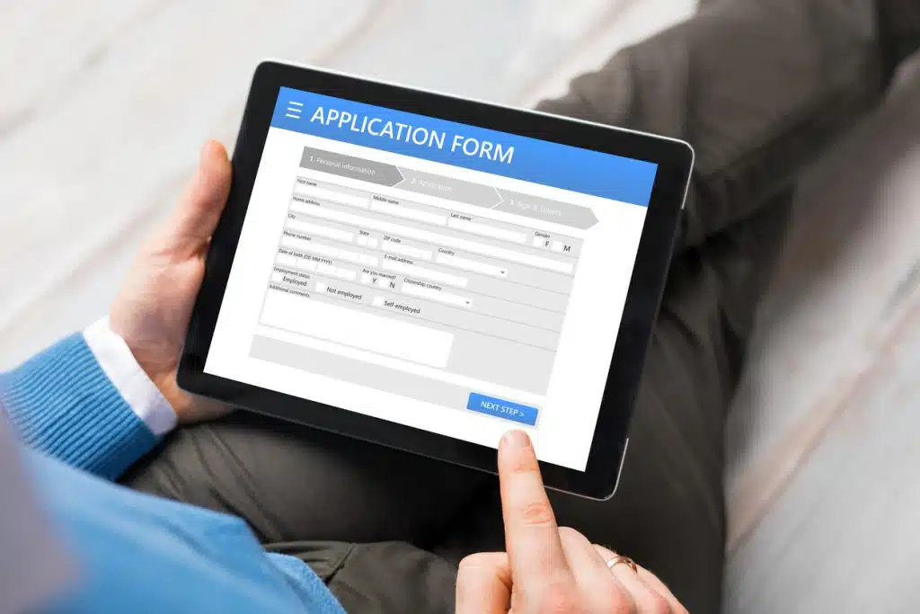 Sample application form on tablet computer Application